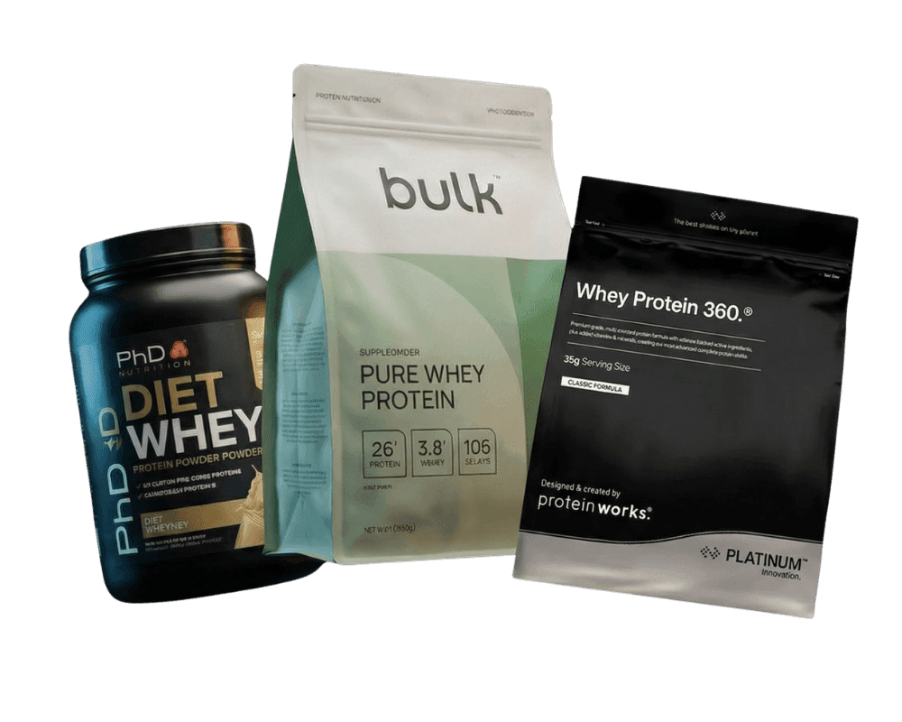 Collection of popular UK protein powder brands including PhD, Bulk, and The Protein Works