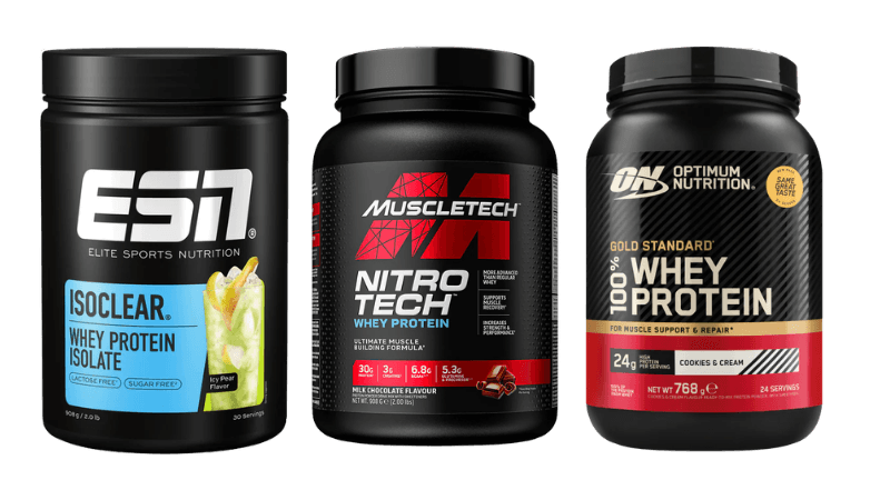 Popular UK protein powder brands including ESN Isoclear, MuscleTech NitroTech, and Optimum Nutrition Gold Standard