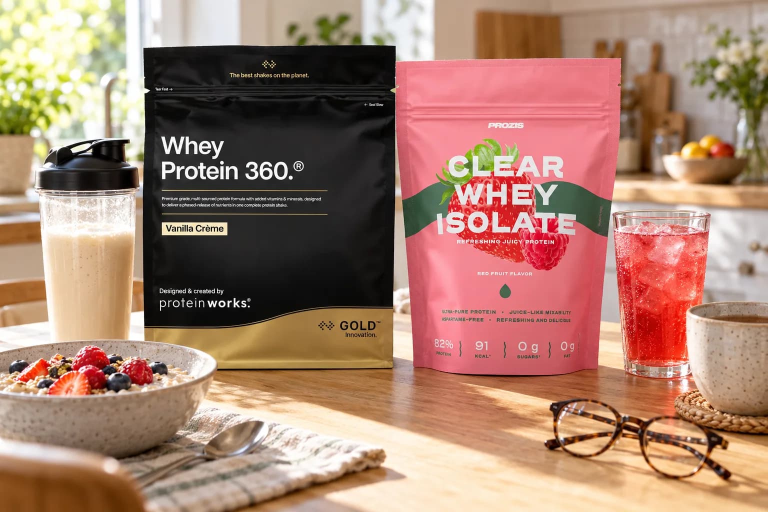 Protein Works Whey Protein 360 Gold Vanilla Crème and Prozis Clear Whey Isolate on a breakfast table with a vanilla shake, a clear red drink, porridge with berries and a mug of tea