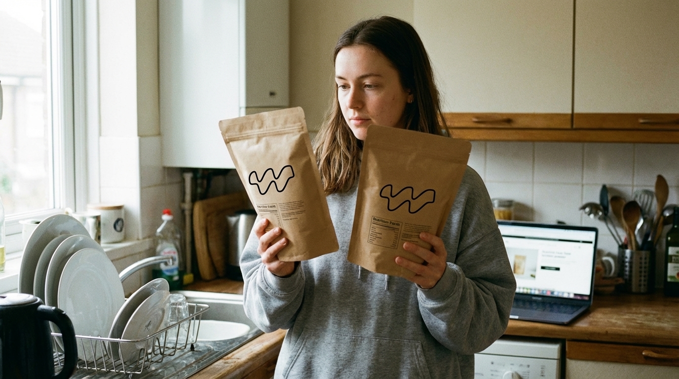 A woman in a kitchen comparing two protein powder bags side by side