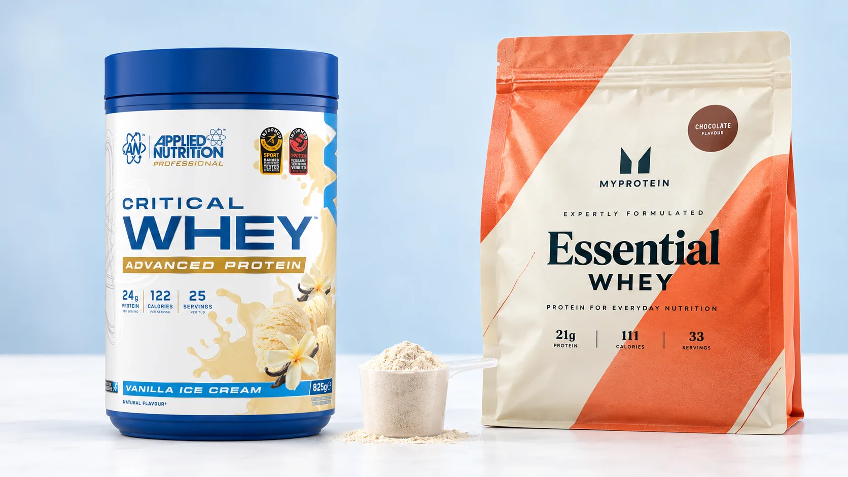 Applied Nutrition Critical Whey Vanilla Ice Cream 825g tub next to a Myprotein chocolate whey bag, with a scoop of whey powder between them
