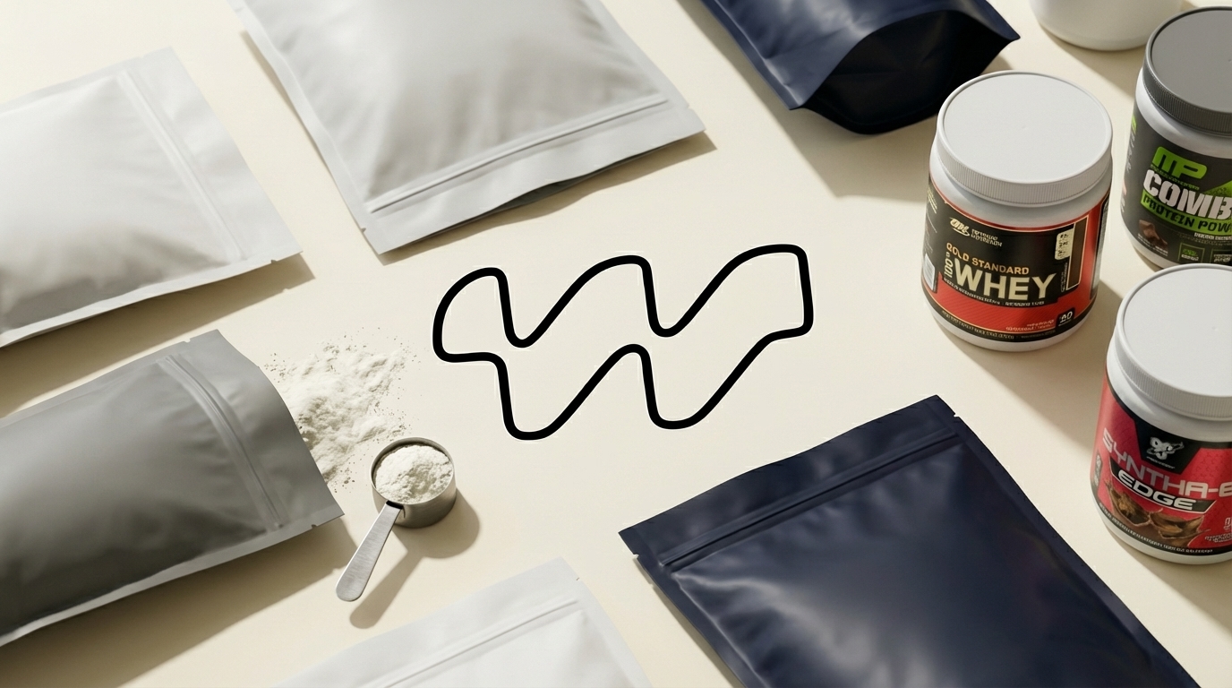 Various protein powder bags and tubs laid out on a table with a scoop of whey protein