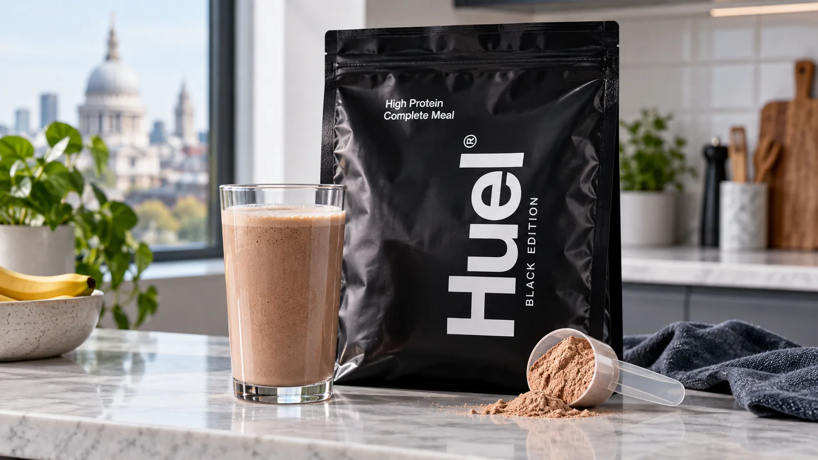 A bag of Huel Black Edition high protein complete meal with a chocolate shake and a scoop of powder on a kitchen counter