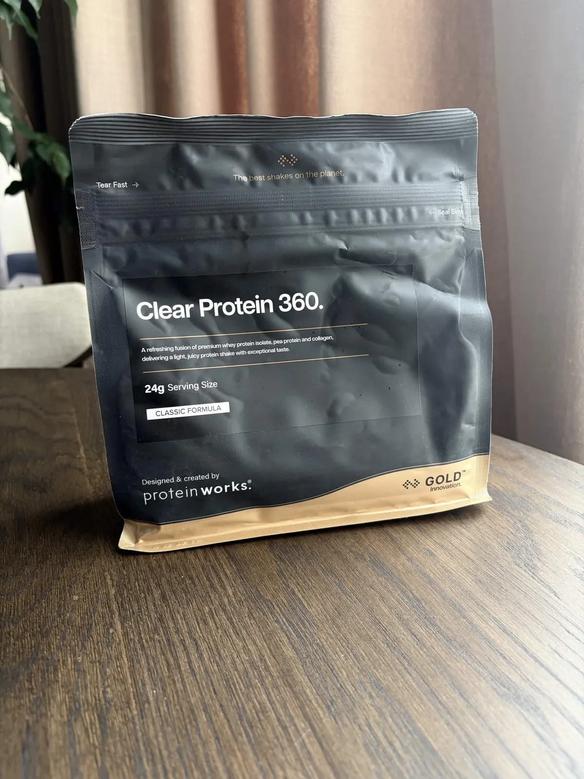 A bag of Protein Works Clear Protein 360 GOLD Innovation, 24g serving size