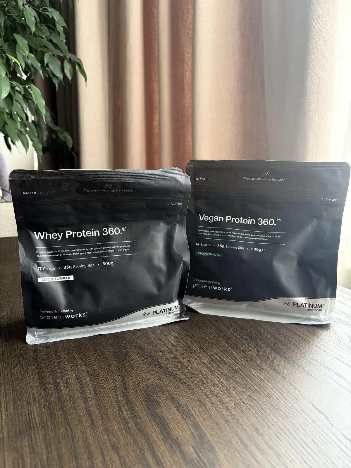 Protein Works Whey Protein 360 PLATINUM 600g and Vegan Protein 360 PLATINUM 500g bags