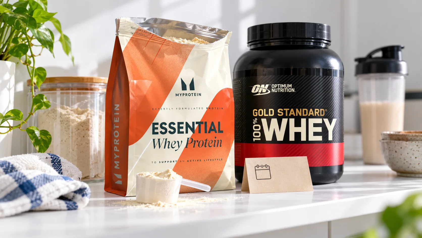 An open bag of Myprotein whey and an Optimum Nutrition Gold Standard 100% Whey tub on a kitchen counter, with a scoop, a shaker and a date card for checking the best before date