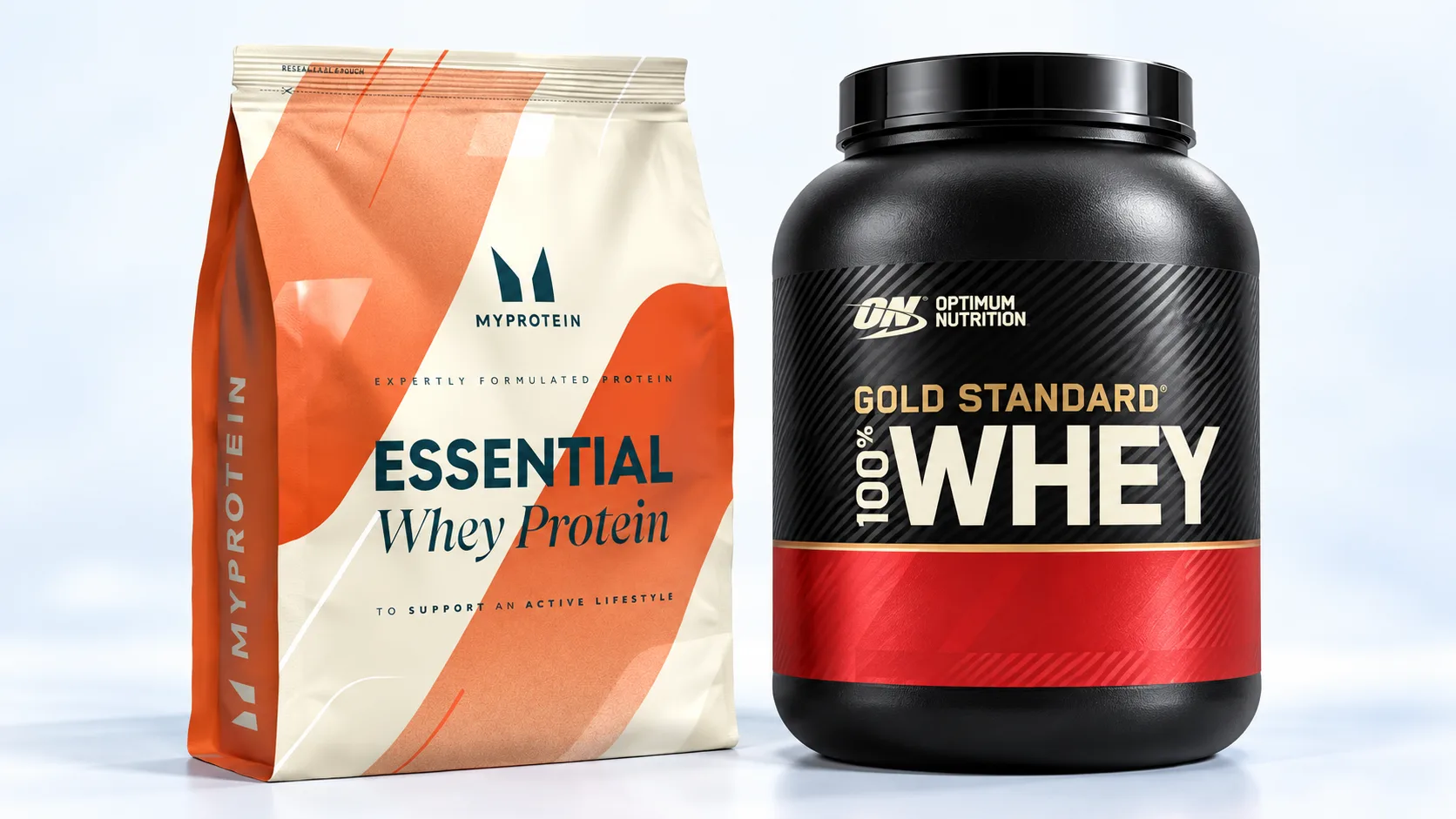 A Myprotein whey protein bag beside an Optimum Nutrition Gold Standard 100% Whey tub