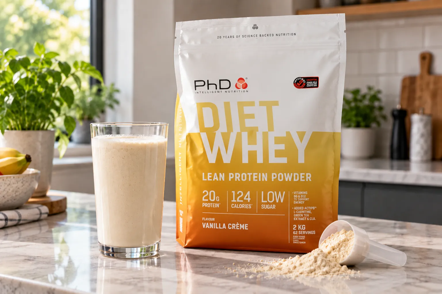 A 2kg bag of PhD Diet Whey Vanilla Creme next to a vanilla protein shake and a scoop of powder on a kitchen counter