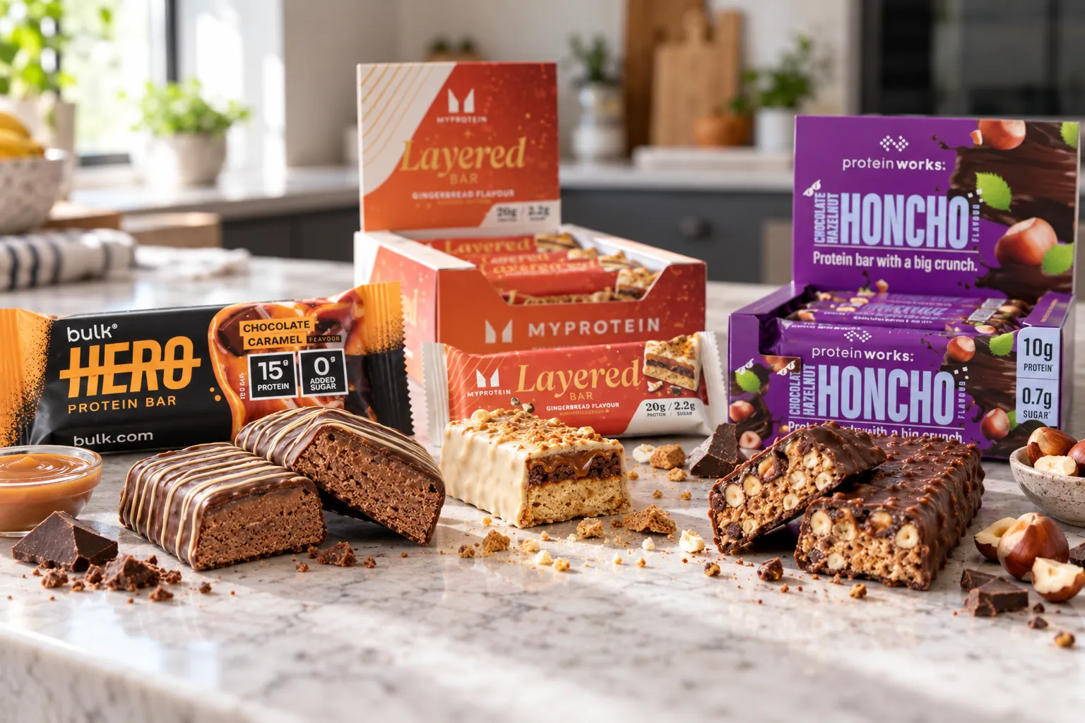 Boxes of Myprotein Layered Bar Gingerbread and Protein Works Chocolate Hazelnut Honcho bars beside a Bulk Hero Chocolate Caramel bar, each bar cut open to show its layers
