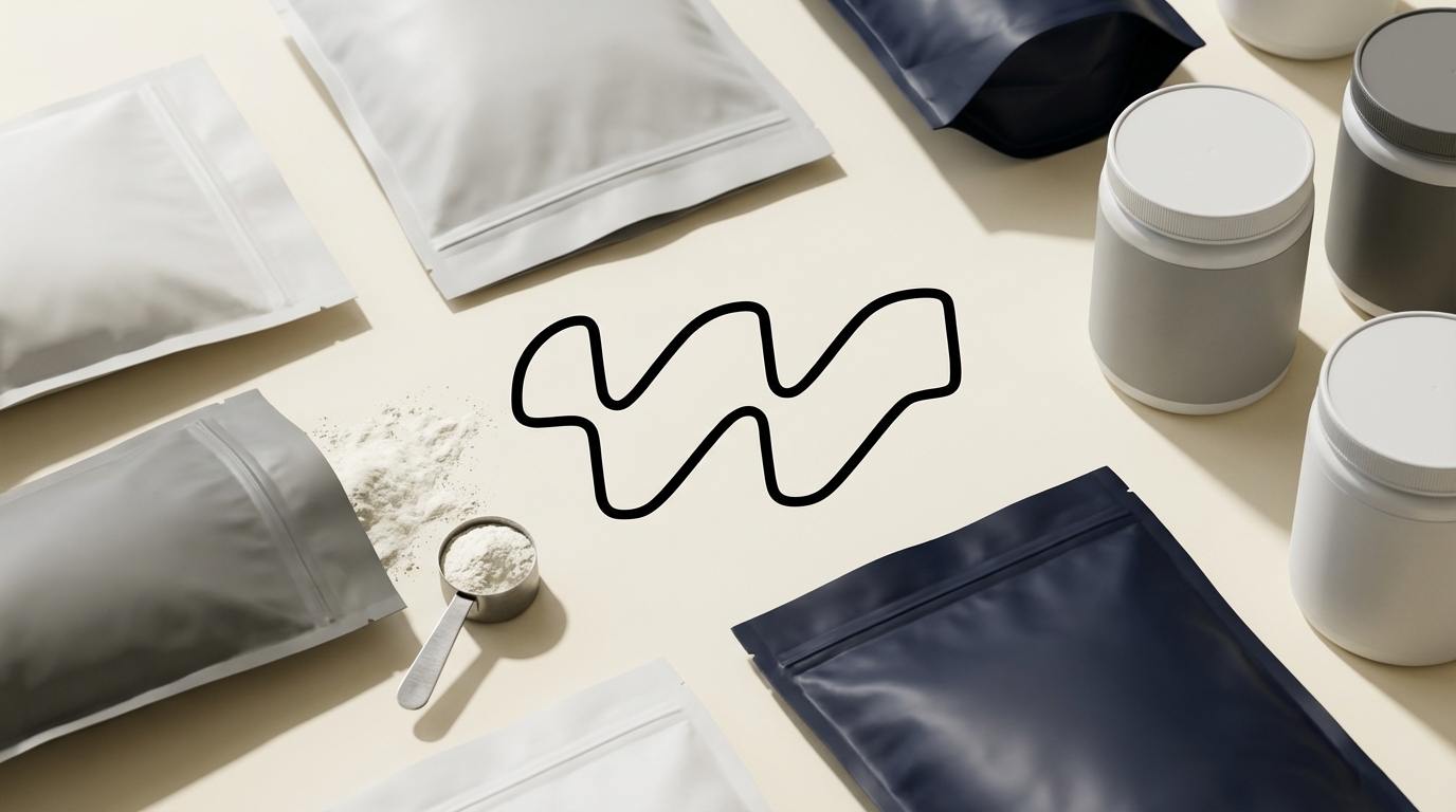 Plain protein powder pouches and tubs laid flat on a cream surface with a scoop of white powder
