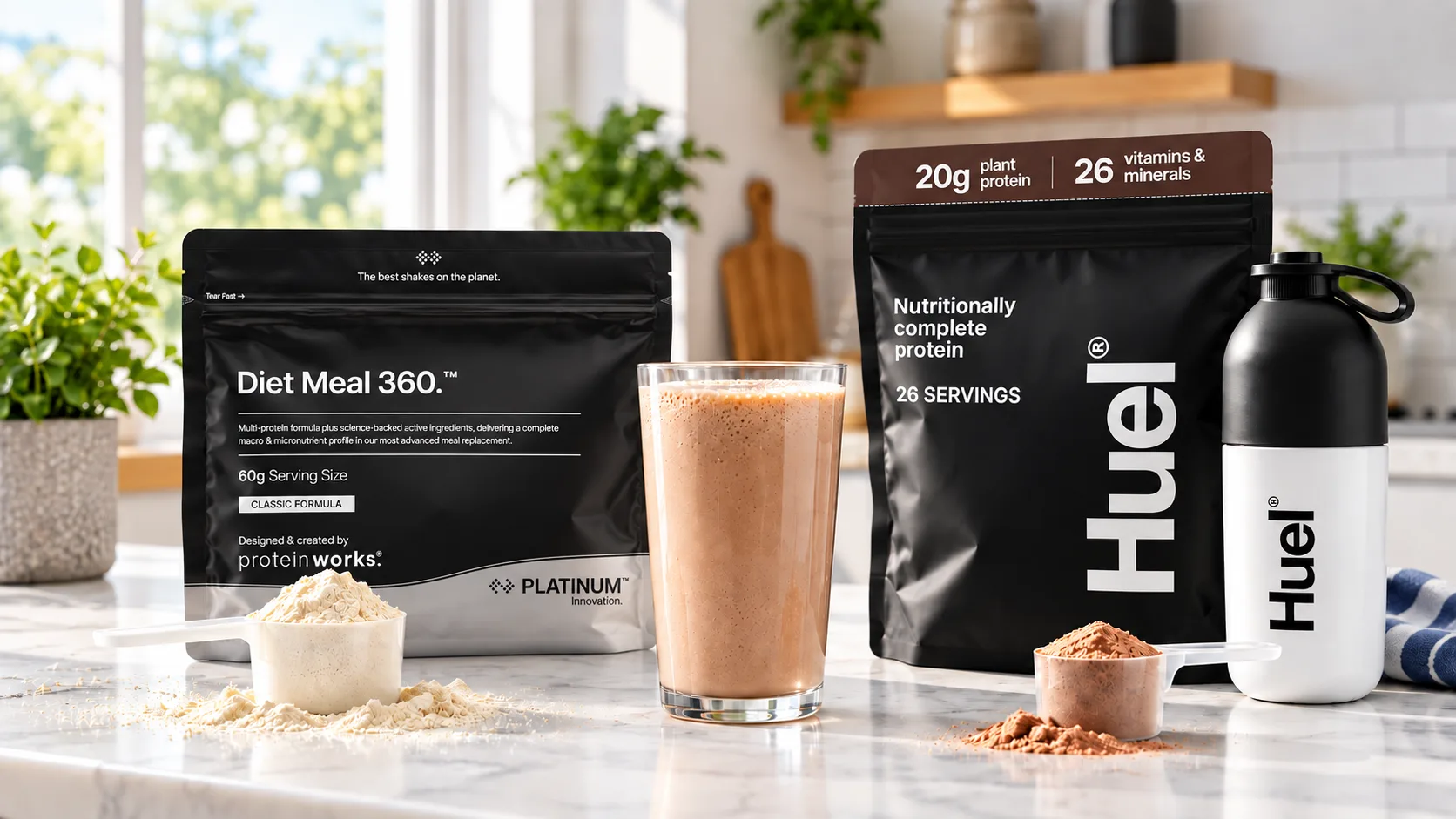 A bag of Protein Works Diet Meal 360 PLATINUM next to a bag of Huel nutritionally complete protein, with a chocolate shake, two scoops of powder and a Huel shaker on a kitchen counter