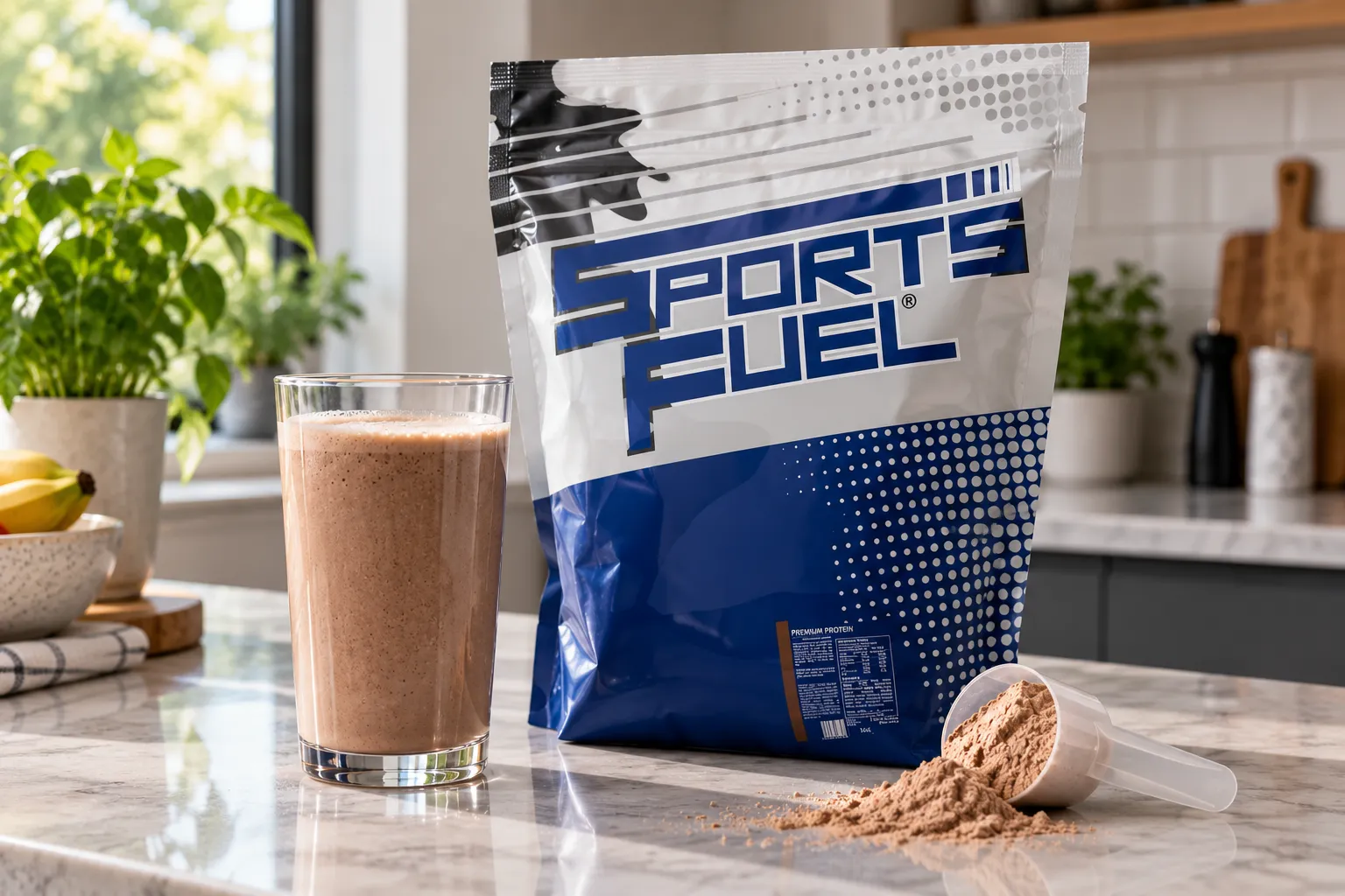 A Sports Fuel Premium Protein pouch next to a chocolate protein shake and a scoop of powder on a kitchen counter
