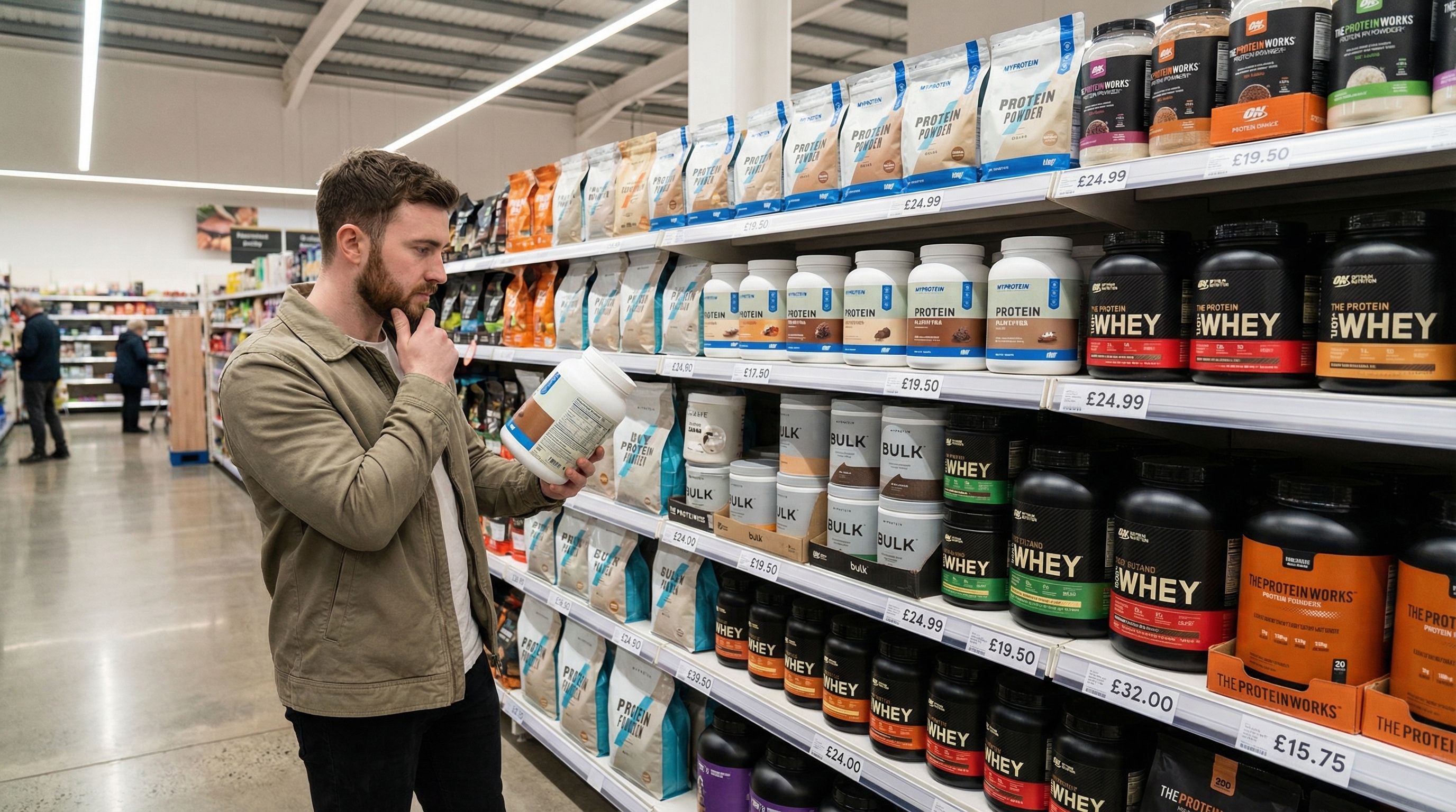 A student comparing protein powder prices in a shop aisle, with price tags ranging from £15.75 to £24.99
