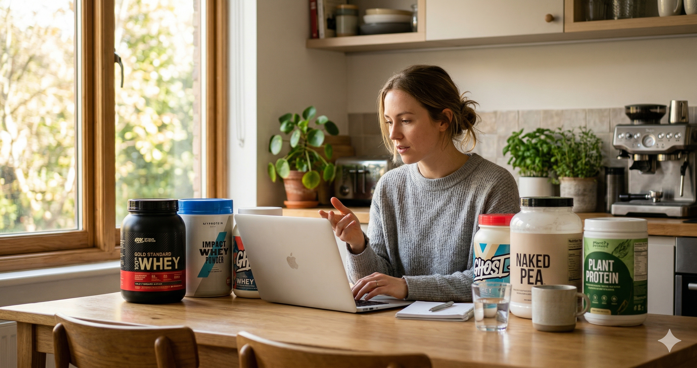 A student at a kitchen table comparing protein powder brands on a laptop, surrounded by tubs of Gold Standard Whey, MyProtein, Ghost, and plant protein