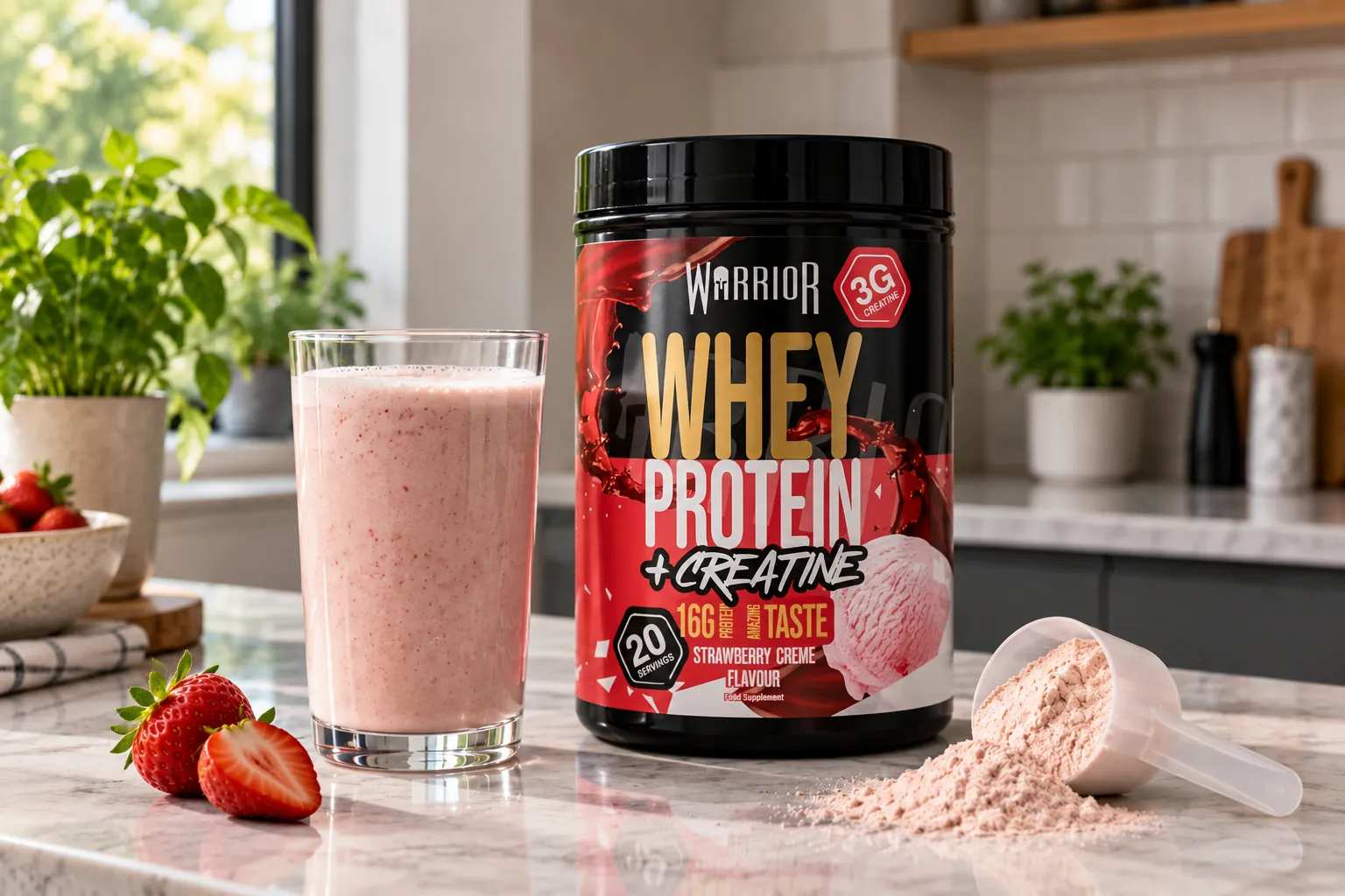 A tub of Warrior Whey Protein plus Creatine in Strawberry Creme next to a strawberry protein shake and a scoop of powder