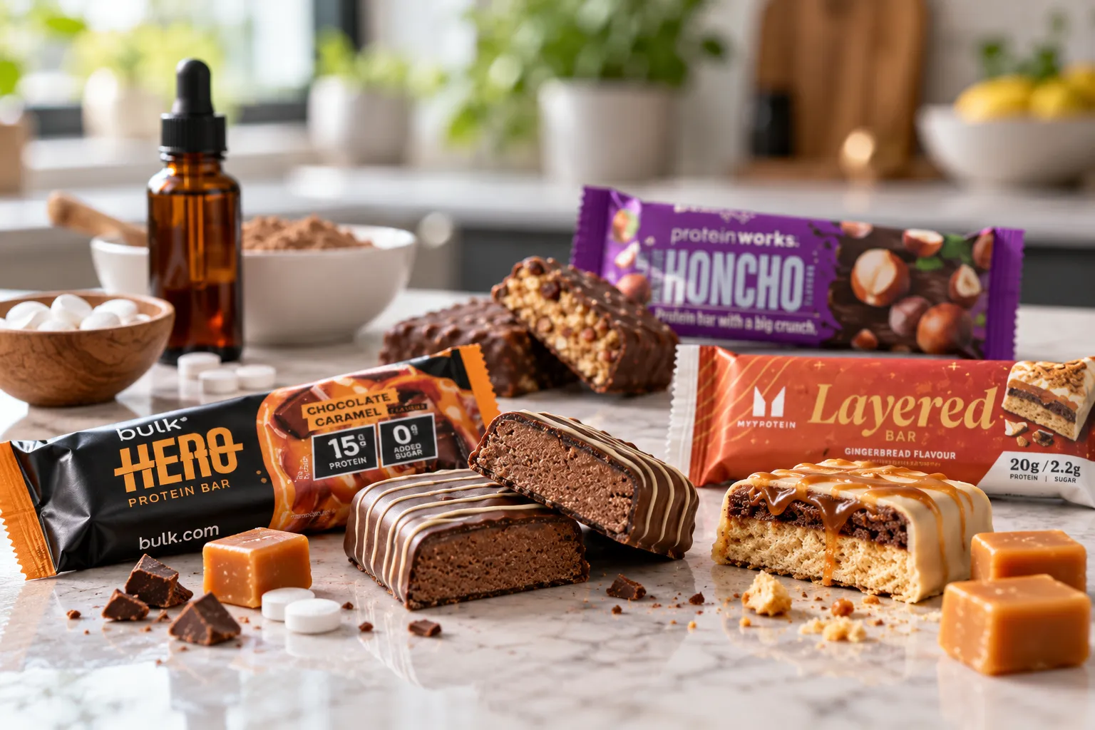Bulk Hero, Myprotein Layered Bar and Protein Works protein bars cut open on a kitchen counter, with sweetener tablets and a dropper bottle behind them